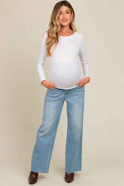 PinkBlush Light Blue Cut Hem Straight Leg Maternity Jeans
