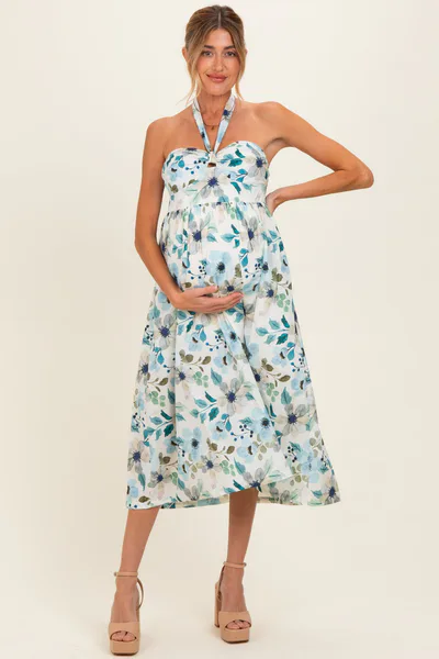 PinkBlush Off White Floral Halter Maternity Midi Dress