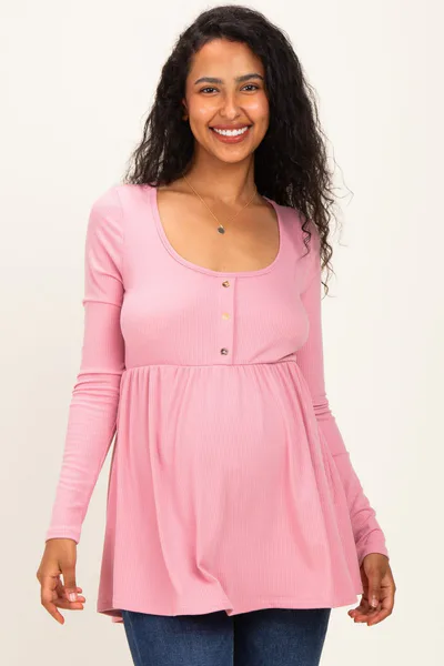 PinkBlush Mauve Scoop Neck Button Front Long Sleeve Babydoll Maternity Top