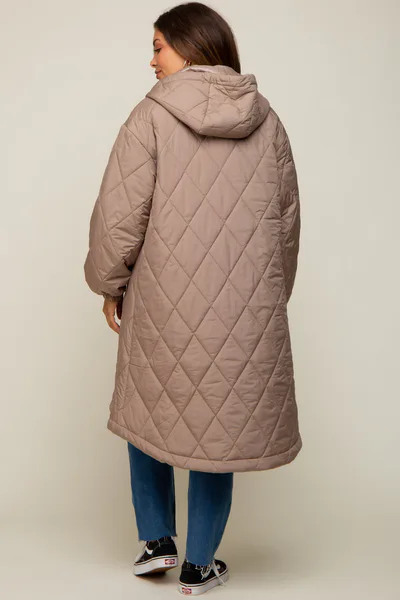 PinkBlush Light Taupe Quilted Long Maternity Puffer Jacket