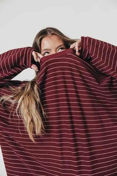Worth Collective Naomi Striped Oversized Fleece Long Sleeve Top in Burgundy/Cream - Bump Friendly