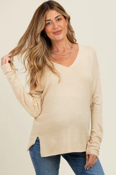 PinkBlush Cream Striped Knit Maternity Long Sleeve Top