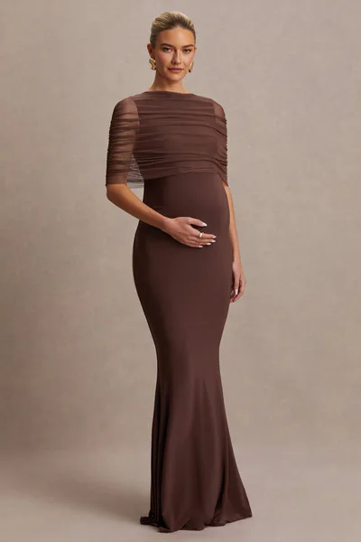 Club L London Zaria | Brown Crew-Neck Maternity Maxi Dress With Cape-Overlay