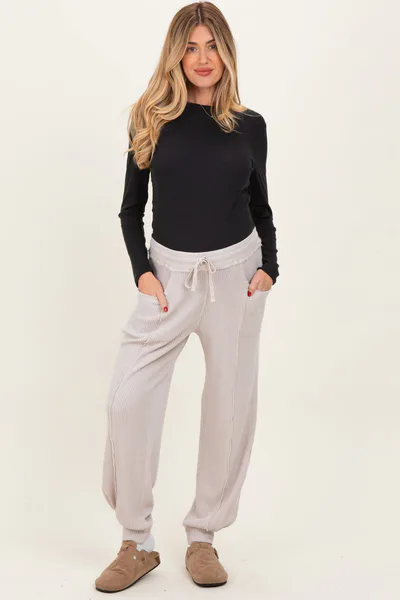PinkBlush Beige Raw Seam Waffle Knit Maternity Joggers