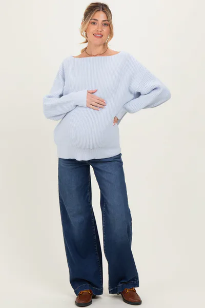 PinkBlush Baby Blue Chunky Knit Boat Neck Maternity Sweater