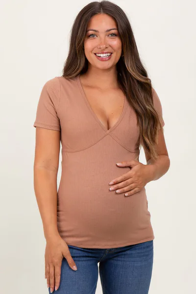 PinkBlush Mocha Solid Ribbed Short Sleeve V-Neck Basic Maternity Top