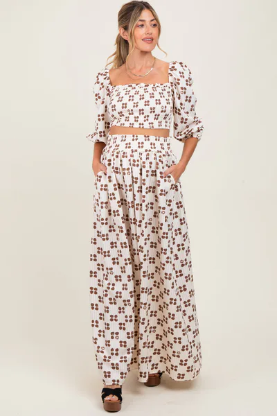 PinkBlush Brown Printed Smocked Crop Top Maxi Skirt Maternity Set