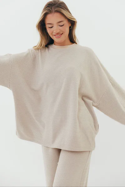 Worth Collective Naomi Striped Fleece Oversized Long Sleeve Top in Cream/Grey *Worth Exclusive Print* - Bump Friendly
