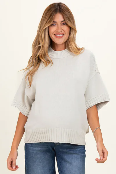 PinkBlush Light Silver Oversized Mock Neck Short Sleeve Maternity Sweater