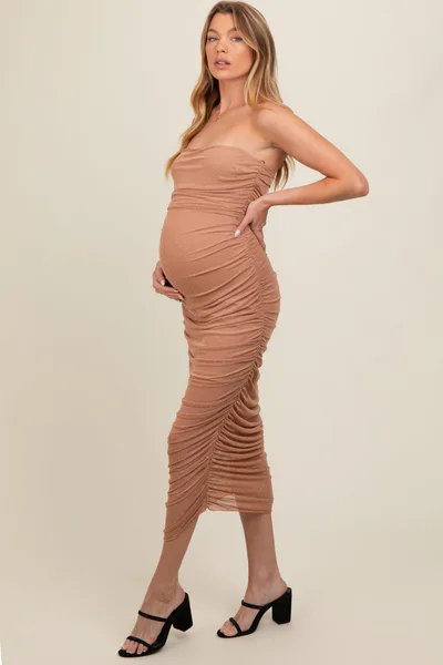 PinkBlush Mocha Embellished Mesh Strapless Ruched Maternity Dress
