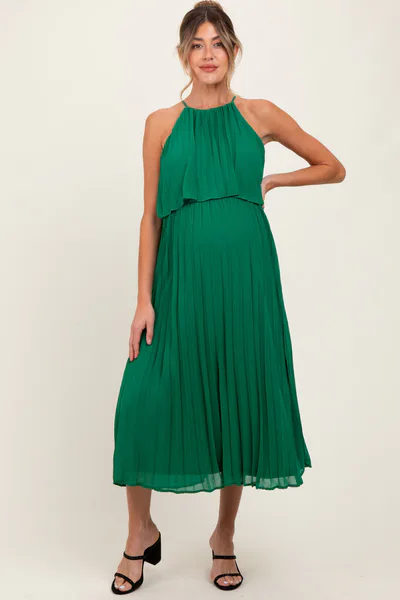PinkBlush Green Pleated Woven Maternity Midi Dress