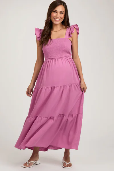 PinkBlush Mauve Sleeveless Smocked Tiered Maternity Maxi Dress