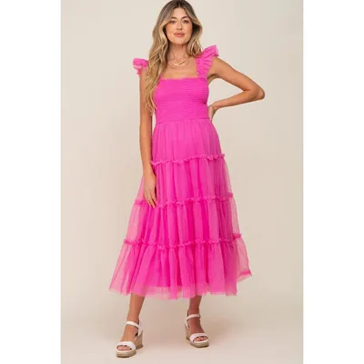 Target Pinkblush Fuchsia Smocked Mesh Ruffle Accent Maternity Midi Dress Large
