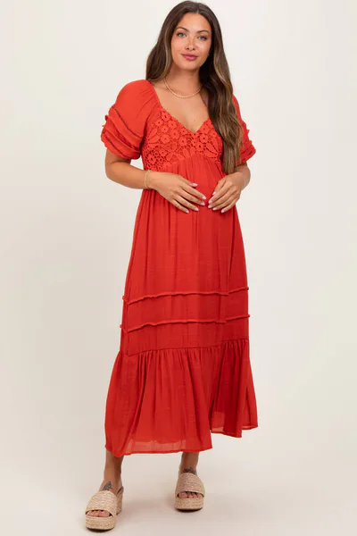 PinkBlush Rust Crochet Detail Bodice Maternity Midi Dress