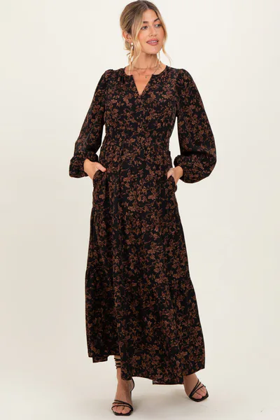 PinkBlush Black Floral Smocked Waist Long Sleeve Maternity Midi Dress