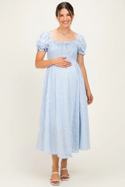 PinkBlush Blue Square Neck Puff Sleeve Maternity Midi Dress