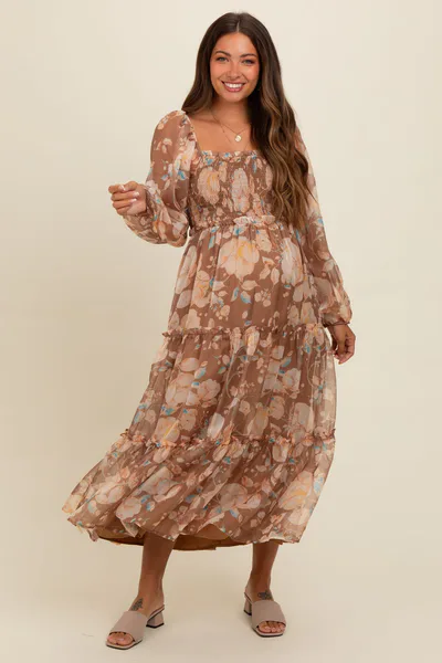PinkBlush Mocha Floral Square Neck Smocked Maternity Midi Dress