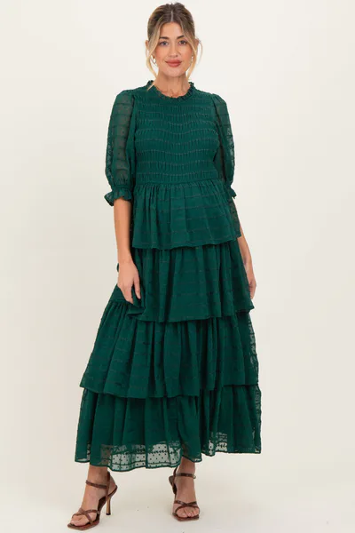 PinkBlush Forest Green Smocked Swiss Dot Tiered Maternity Maxi Dress