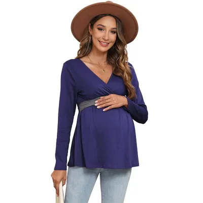 Target Clearlove Women Casual Maternity Nursing Shirts Wrap V Neck Long Sleeve Top Navy Blue XX Large