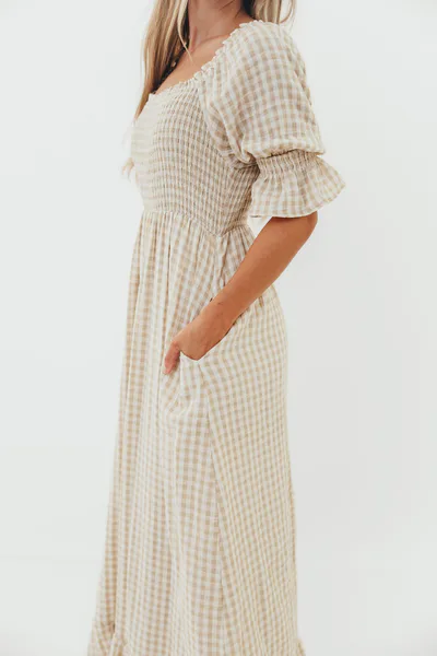 Worth Collective Sienna 100% Cotton Puff Sleeve Maxi Dress in Natural Plaid (Lined) - Bump Friendly