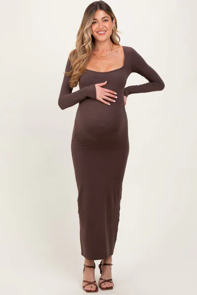 PinkBlush Mocha Long Sleeve Side Slit Maternity Maxi Dress