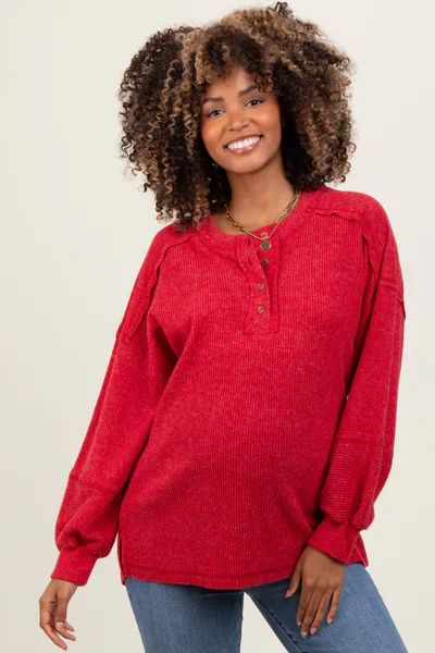 PinkBlush Red Oversized Ribbed Knit Henley Maternity Sweater