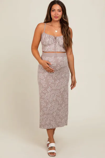 PinkBlush Light Taupe Floral Knit Crop Top and Midi Skirt Maternity Set
