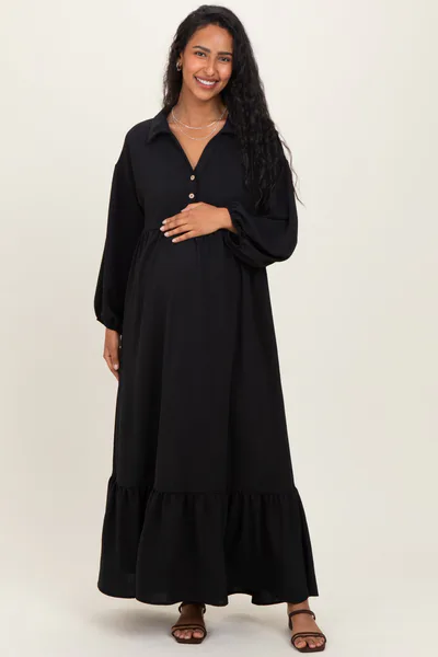 PinkBlush Black Solid Long Sleeve Button Down Tiered Collared Maternity Dress