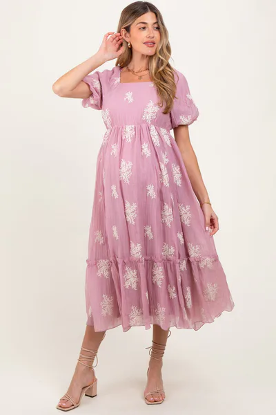 PinkBlush Mauve Floral Print Ruffle Hem Maternity Midi Dress