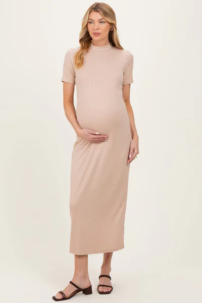 PinkBlush Taupe Ribbed Mock Neck Short Sleeve Maternity Midi Dress