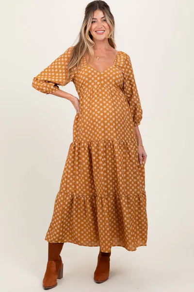 PinkBlush Dark Yellow Floral Long Sleeve Tiered Maternity Maxi Dress