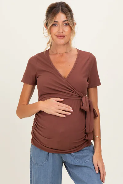 PinkBlush Brown Wrap Front Tie Maternity/Nursing Top