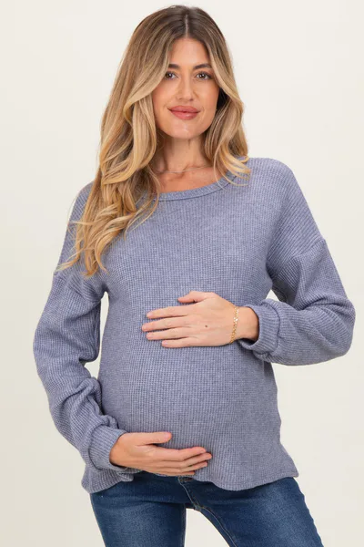 PinkBlush Denim Blue Puff Sleeve Solid Maternity Sweater Top