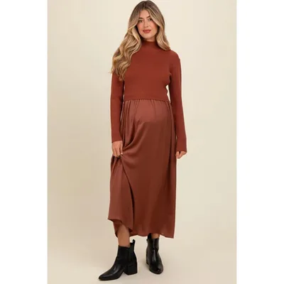 Target Pinkblush Brown Knit Contrast Top Satin Maternity Midi Dress Large