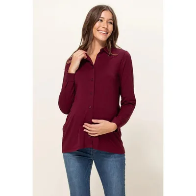 Target Hello Miz Women's Collared Button Up Long Sleeve Maternity Top - Burgundy - Small