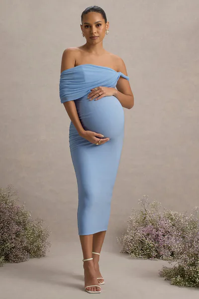 Club L London Jen | Powder Blue Bardot Twisted Maternity Midi Dress