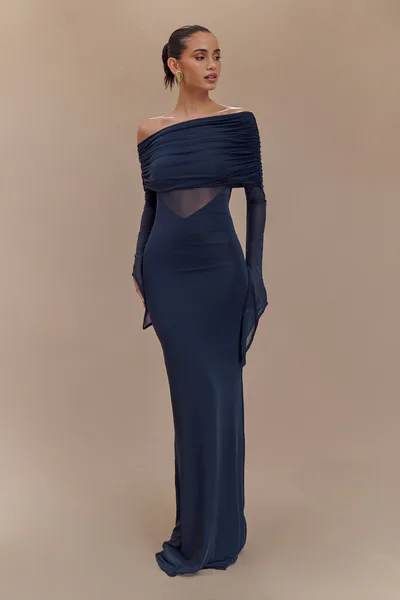 MESHKI Kaitlin One Shoulder Slinky And Mesh Maxi Dress - Midnight Blue