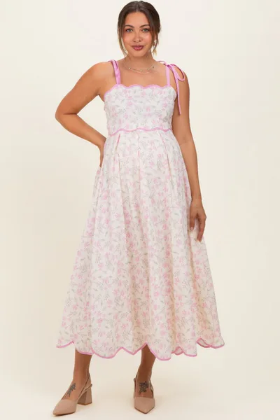 PinkBlush Pink Floral Scallop Hem Shoulder Tie Maternity Midi Dress