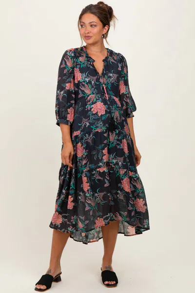 PinkBlush Black Floral Front Tie Tiered Maternity Midi Dress