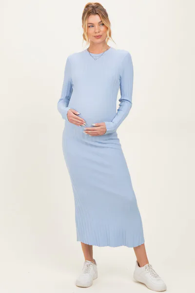 PinkBlush Light Blue Ribbed Knit Fitted Maternity Midi Sweater Dress