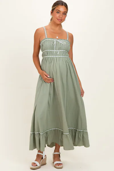 PinkBlush Light Olive Lace Ribbon Detail Maternity Maxi Dress