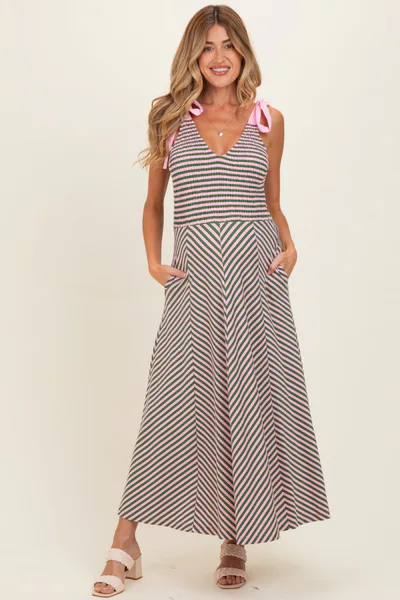 PinkBlush Olive Striped Smocked Shoulder Tie Maternity Midi Dress