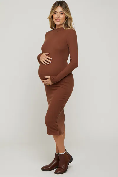 PinkBlush Brown Ribbed Mock Neck Button Side Slit Maternity Midi Dress