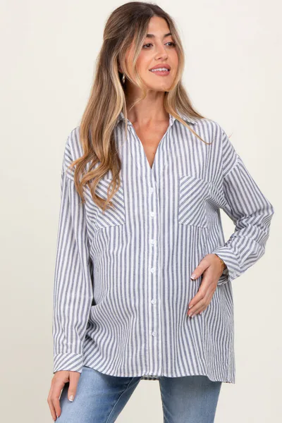 PinkBlush Navy Striped Double Pocket Maternity Button Down Top