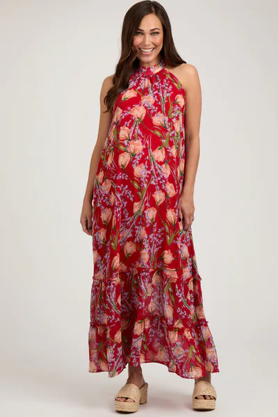 PinkBlush Red Floral Halter Maternity Maxi Dress
