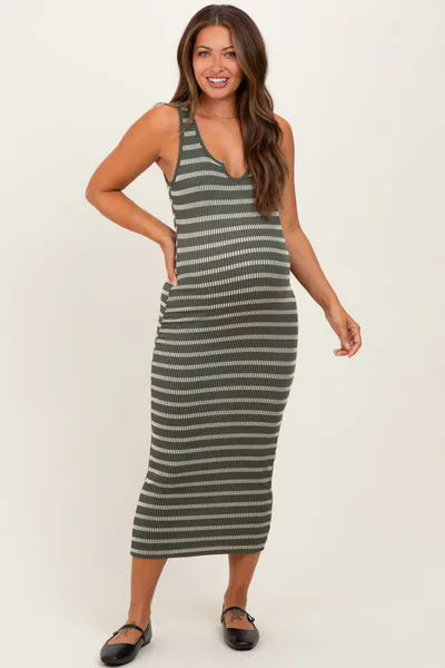 PinkBlush Olive Stripe Ribbed Sleeveless V Neck Maternity Maxi Dress