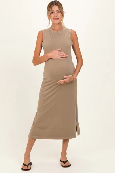 PinkBlush Light Mocha Side Slit Maternity Midi Tank Dress