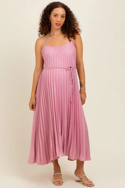 PinkBlush Pink Pleated Sash Tie Maternity Midi Dress