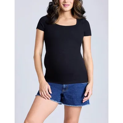 Target Women's Square Neck Rib Knit Short Sleeve Top - Black - Size: Small - Motherhood Maternity