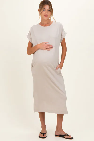 PinkBlush Sand Beige Pocket Front Maternity Midi T-Shirt Dress